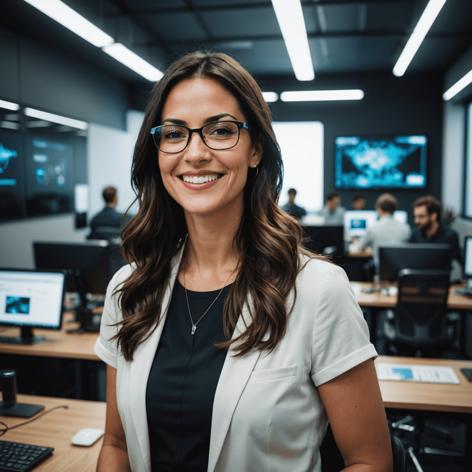 Foto de María González, experta en marketing digital con cabello oscuro y gafas futuristas, sonriendo en un entorno de oficina de alta tecnología