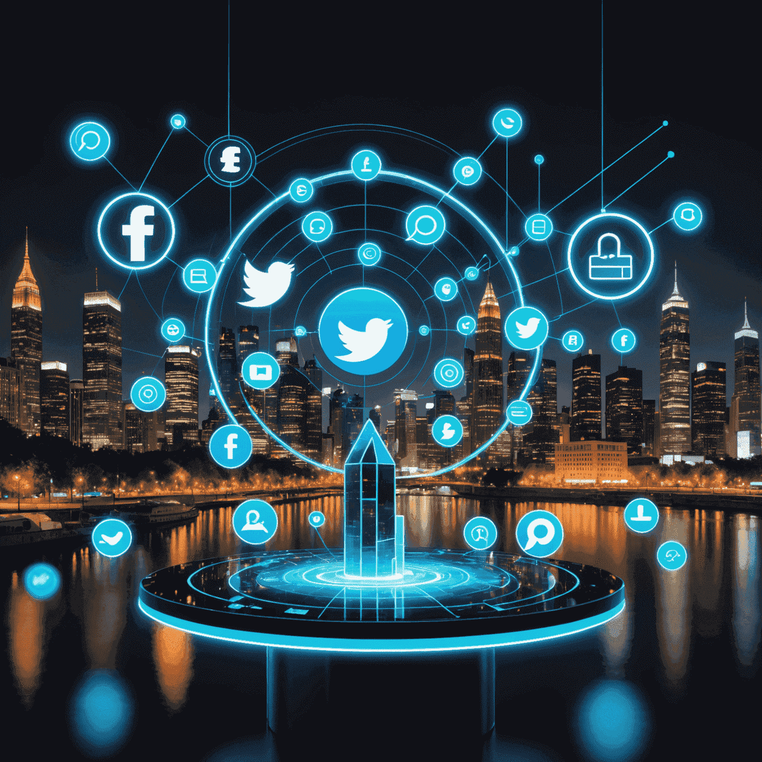 Imagen futurista que muestra hologramas de iconos de redes sociales y gráficos de marketing flotando sobre una ciudad nocturna iluminada con luces de neón