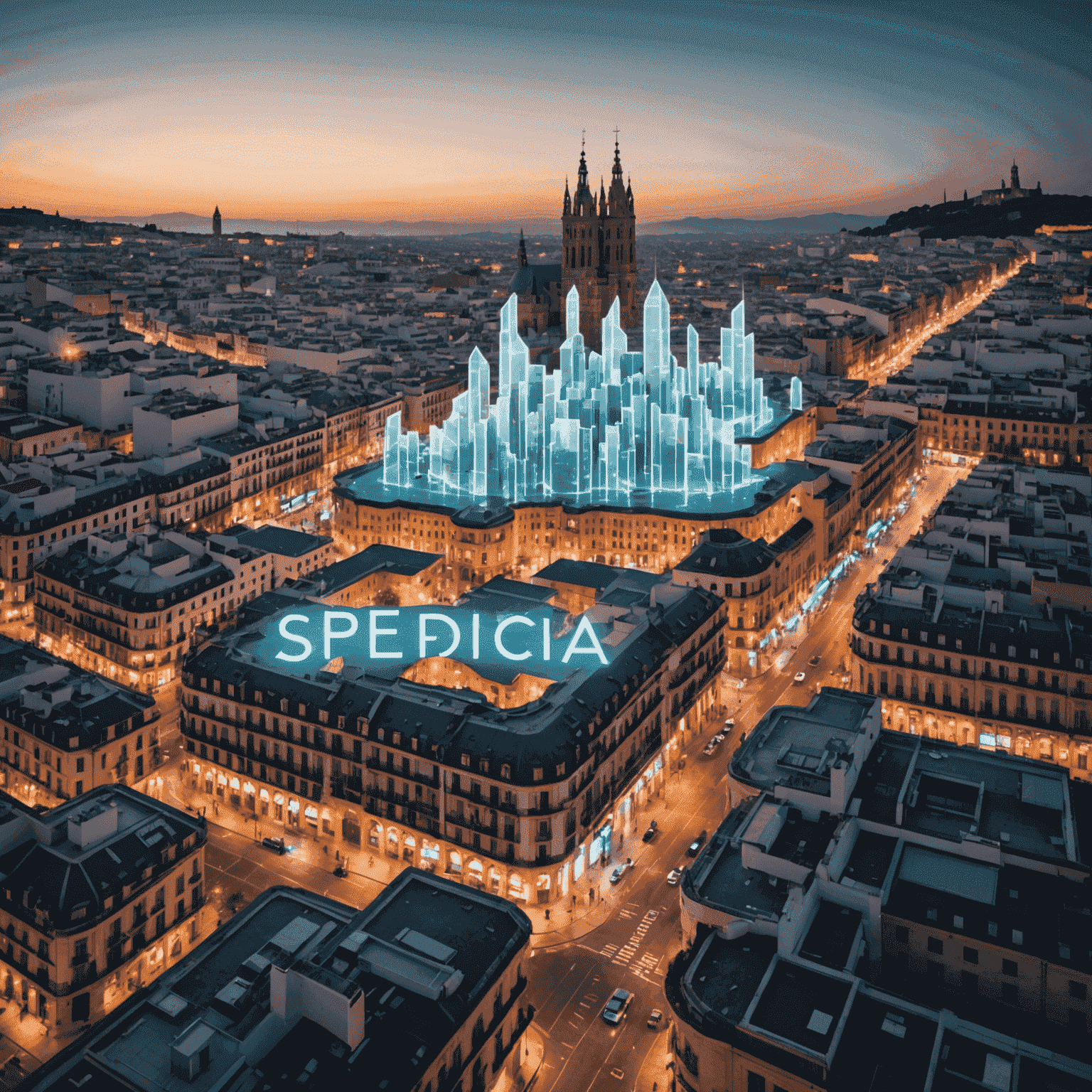 Imagen futurista de una ciudad española con hologramas de palabras clave SEO flotando sobre los edificios