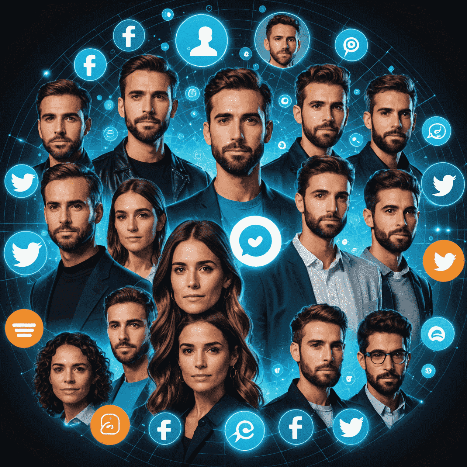 Collage futurista de influencers españoles con sus perfiles de redes sociales proyectados como hologramas, rodeados de iconos de likes, comentarios y shares brillantes