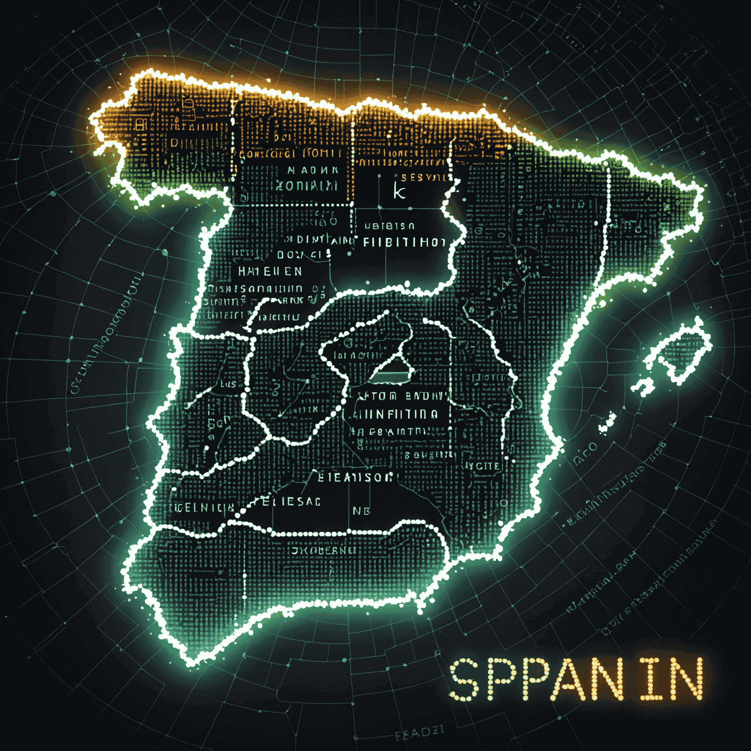 Mapa de España hecho de código binario con puntos de luz representando las principales ciudades, rodeado de palabras clave y métricas SEO flotantes